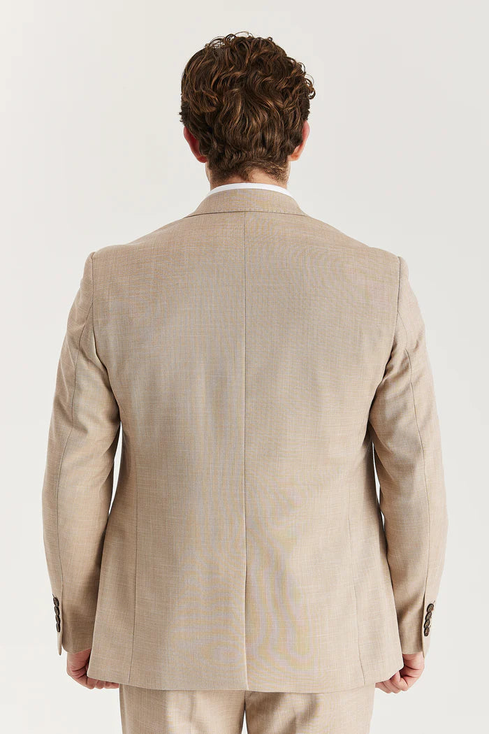 Rear view of the beige blazer showing a clean back seam and structured shoulders.