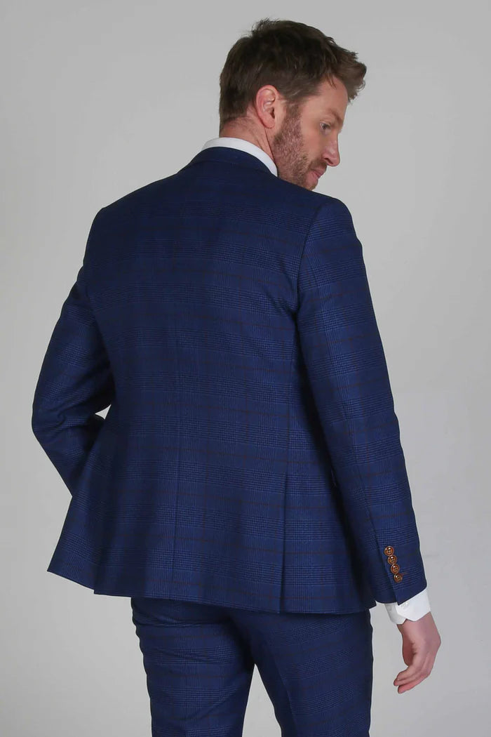 Back view of the Alex navy burgundy check blazer highlighting the clean structured tailoring