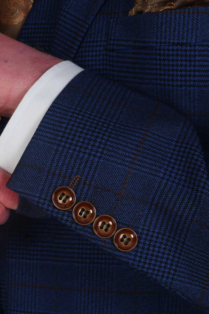 Close-up of the blazer cuff showing four light brown buttons on the Alex navy burgundy check suit