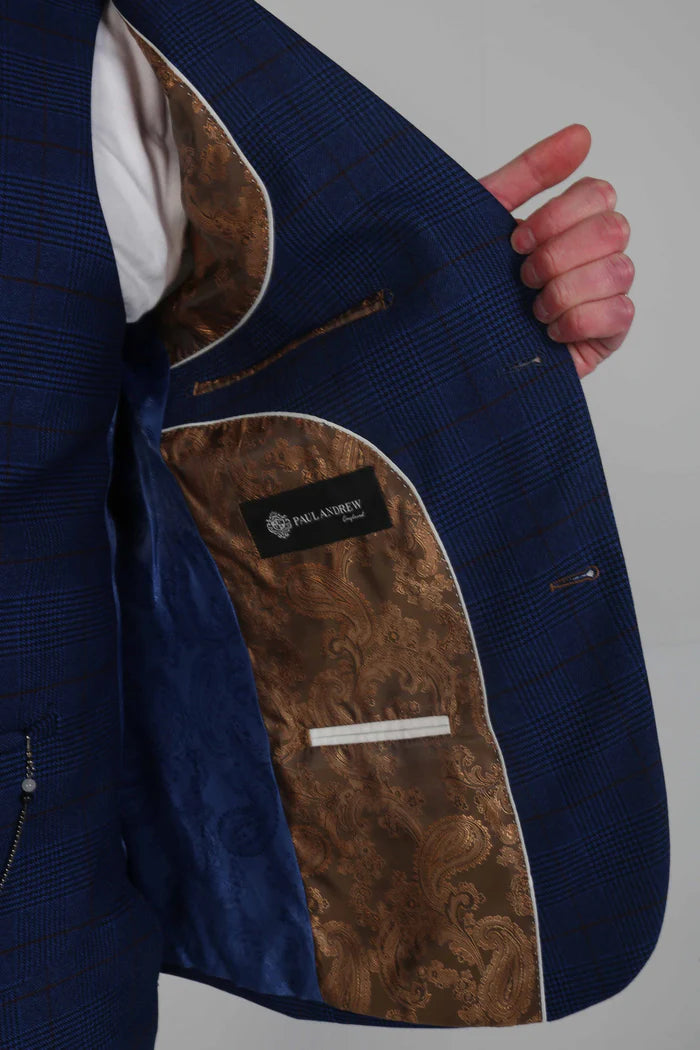 Interior lining of the Alex blazer featuring a contrasting goldish brown paisley design and Paul Andrew label