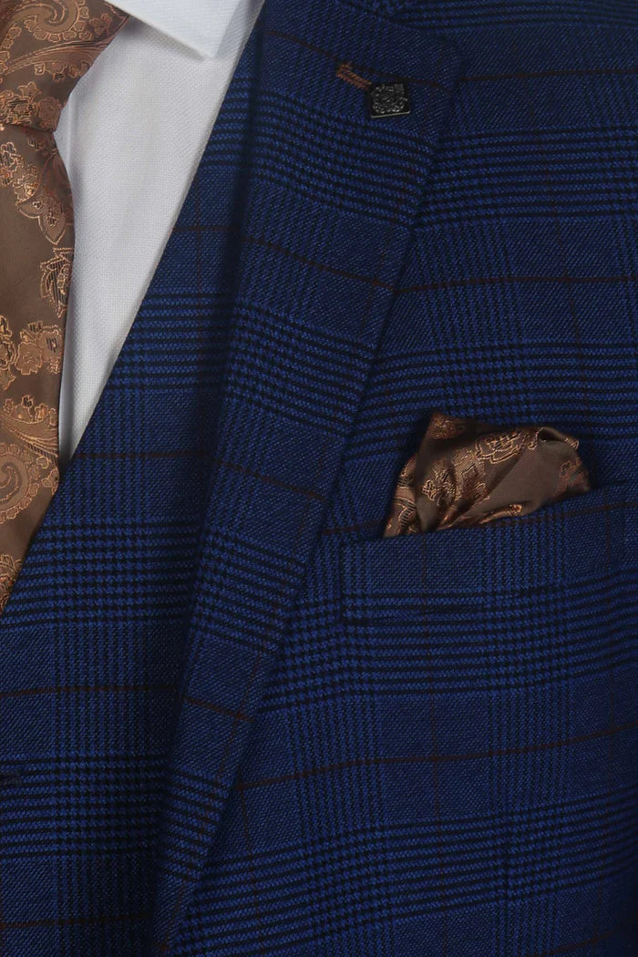 Chest pocket close-up showing goldish brown paisley pocket square and textured check pattern on the Alex suit