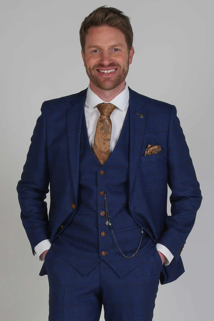 Front view of the Paul Andrew Alex navy burgundy check suit styled with a gold paisley tie and matching pocket square