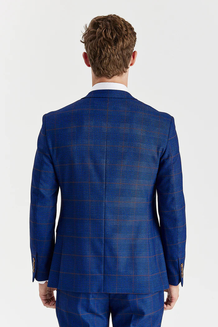 Rear view of Alex navy burgundy check three piece suit blazer and trousers.