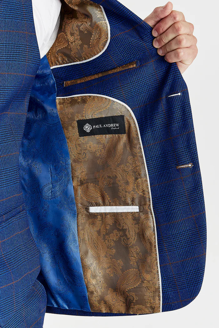 Inside lining of Alex navy burgundy check three piece suit jacket with patterned fabric detail, and showing Paul Andrew Logo.