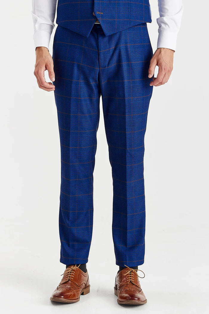 Front view of Alex navy burgundy check three piece suit trousers with brown shoes.