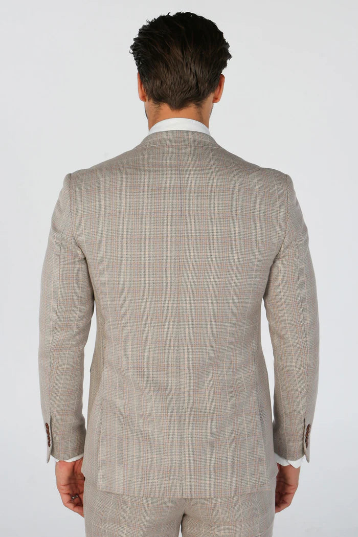 Rear view of beige check blazer showing the smooth back tailoring and structured shoulder seams.