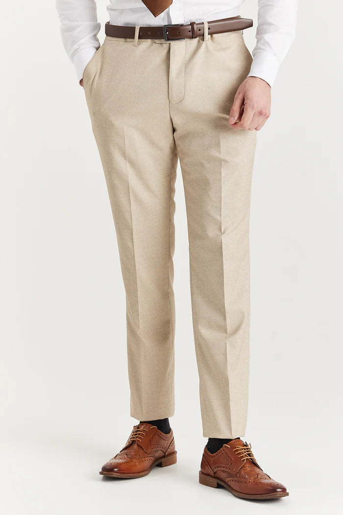 Front view of trousers from the Belmont Beige suit, styled with brown belt and brogues.