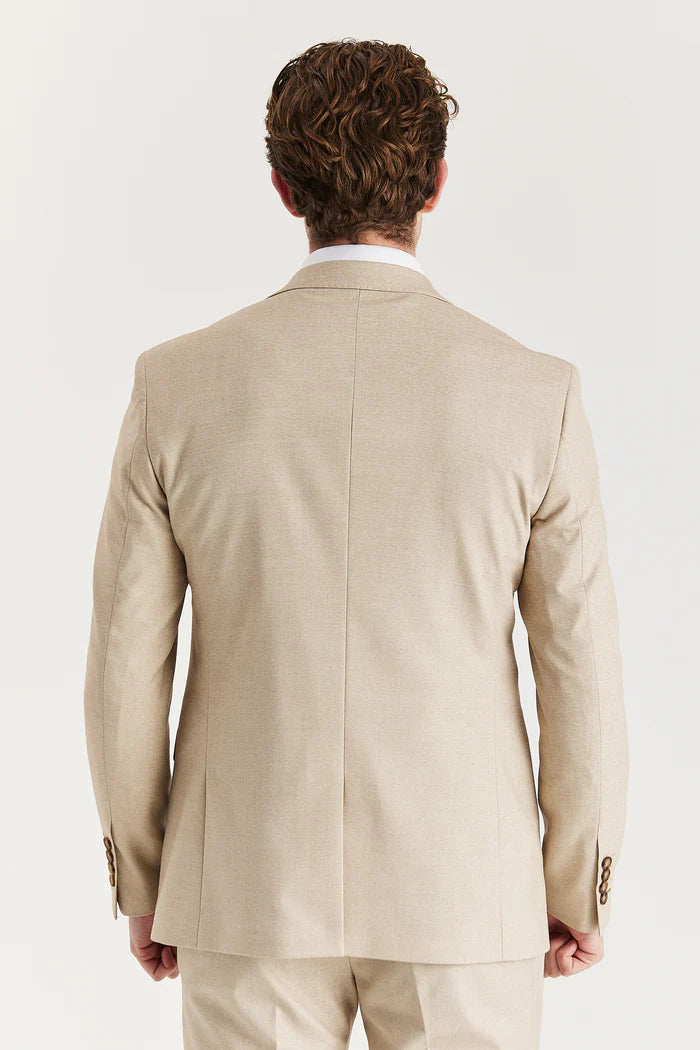 Back view of blazer from Paul Andrew Belmont Beige three-piece suit.