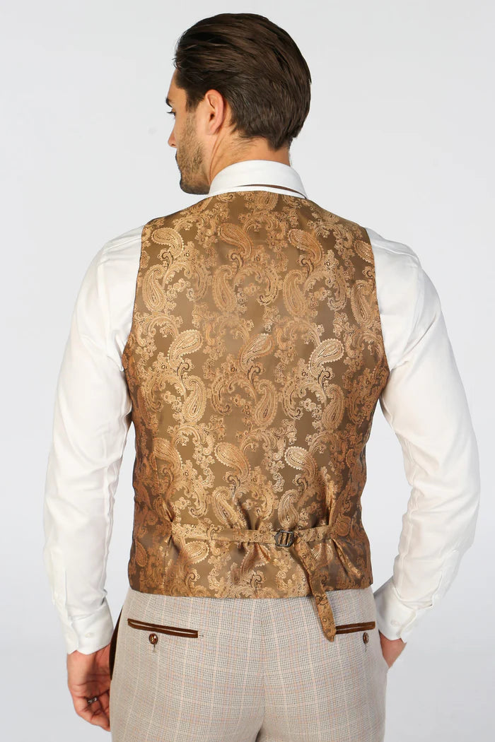 Back of waistcoat in goldish brown paisley satin with adjustable strap, paired with beige check trousers.