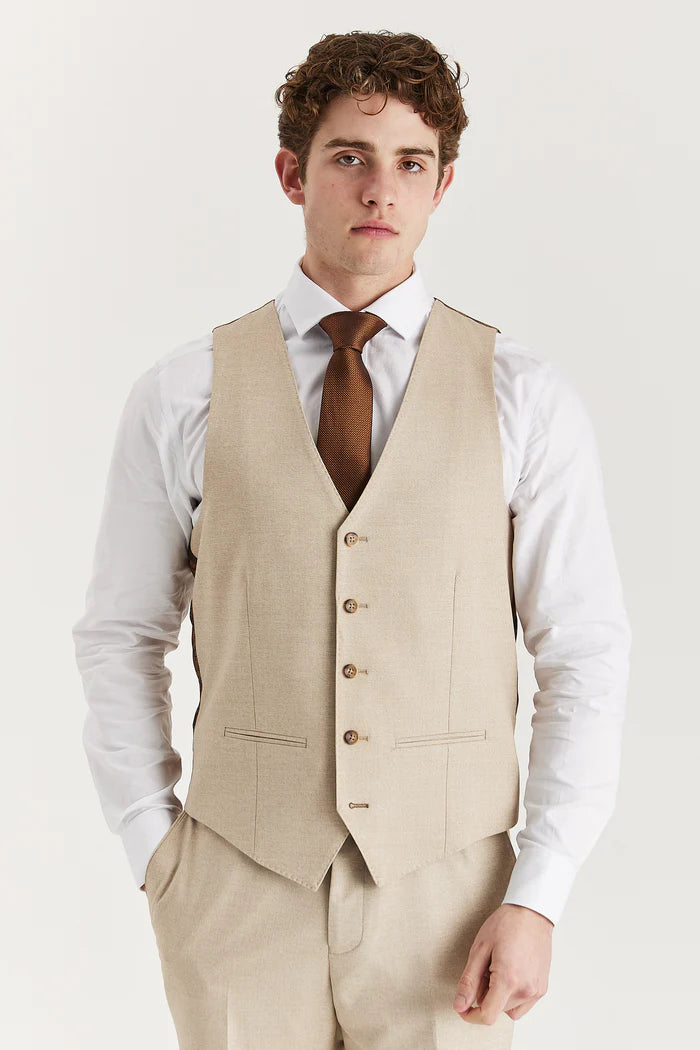 Front view of waistcoat from Paul Andrew Belmont Beige suit, styled with brown tie.
