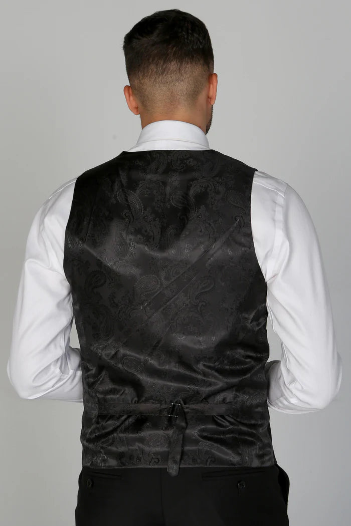 Back view of the waistcoat revealing black paisley satin pattern and adjustable strap.