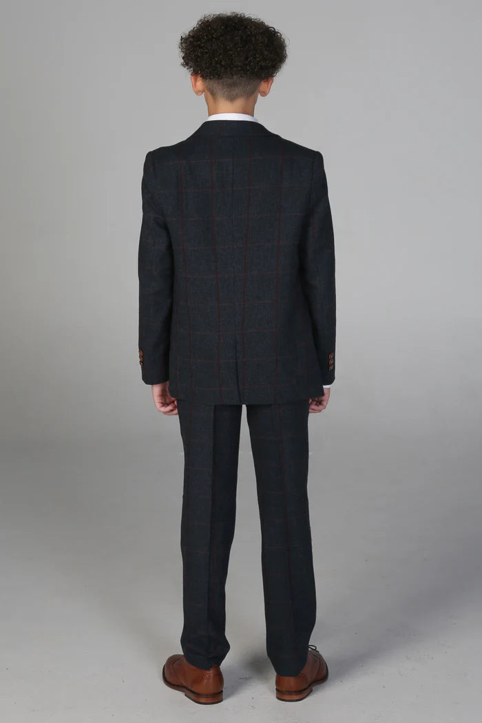 Rear view of boy’s tailored navy check suit jacket and trousers with classic slim cut.