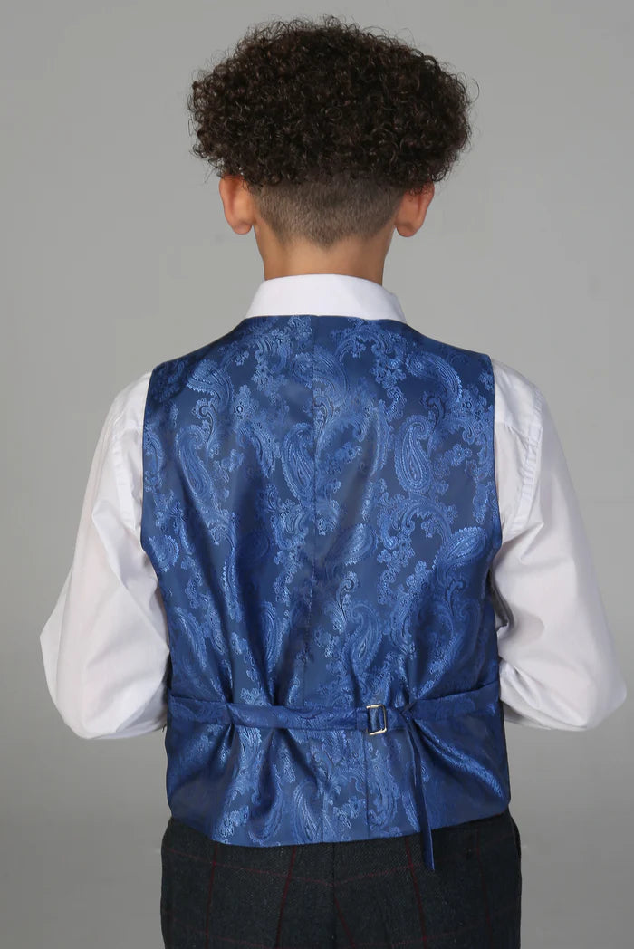 Rear view of boy's navy check waistcoat with adjustable blue paisley satin back.