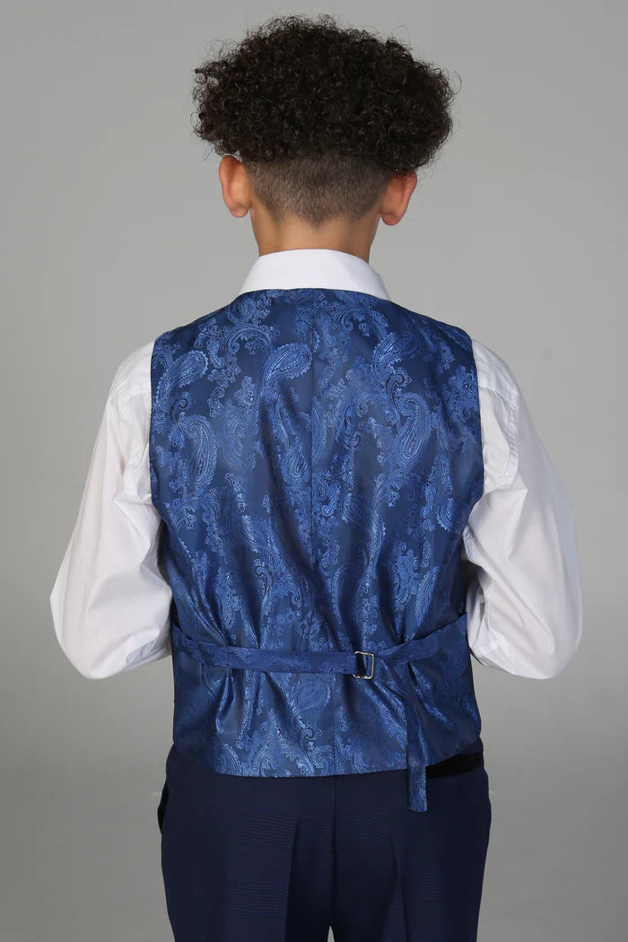 Back view of navy waistcoat showing light blue paisley satin fabric and adjustable buckle.
