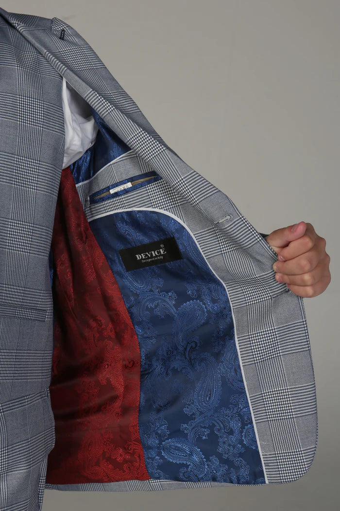 Inside view of light blue check jacket with dual-tone red and blue paisley satin lining.