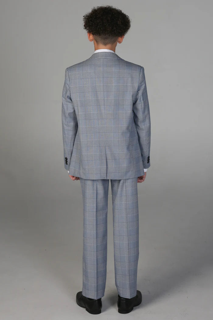 Rear view of boy's tailored light blue check suit showing back of jacket and trousers.