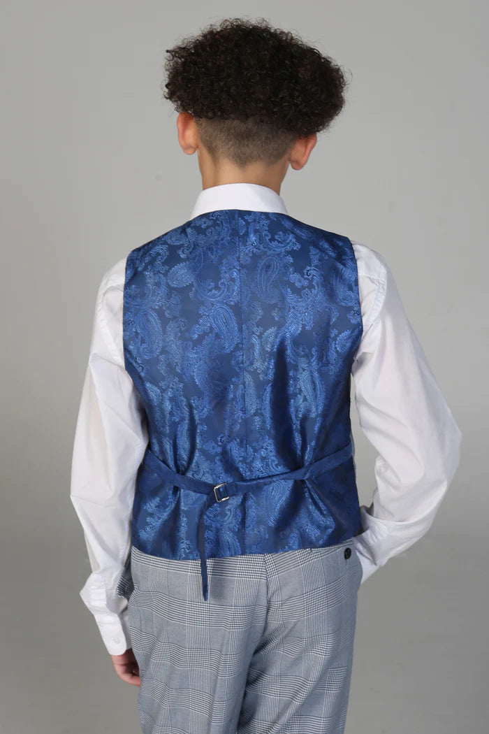 Rear view of boy’s waistcoat with adjustable satin blue paisley back panel over a white shirt.