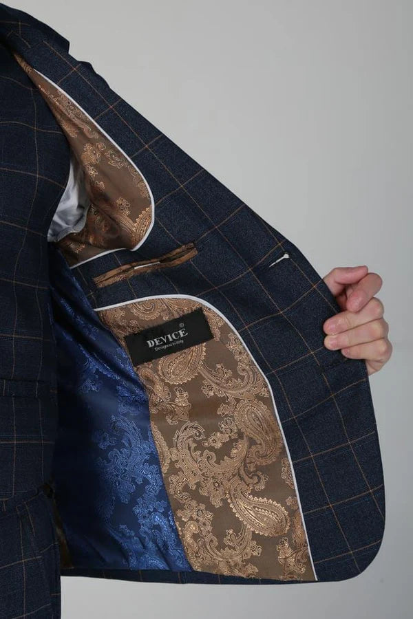 Close-up of navy check suit jacket interior showing premium brown paisley lining and Device brand label.