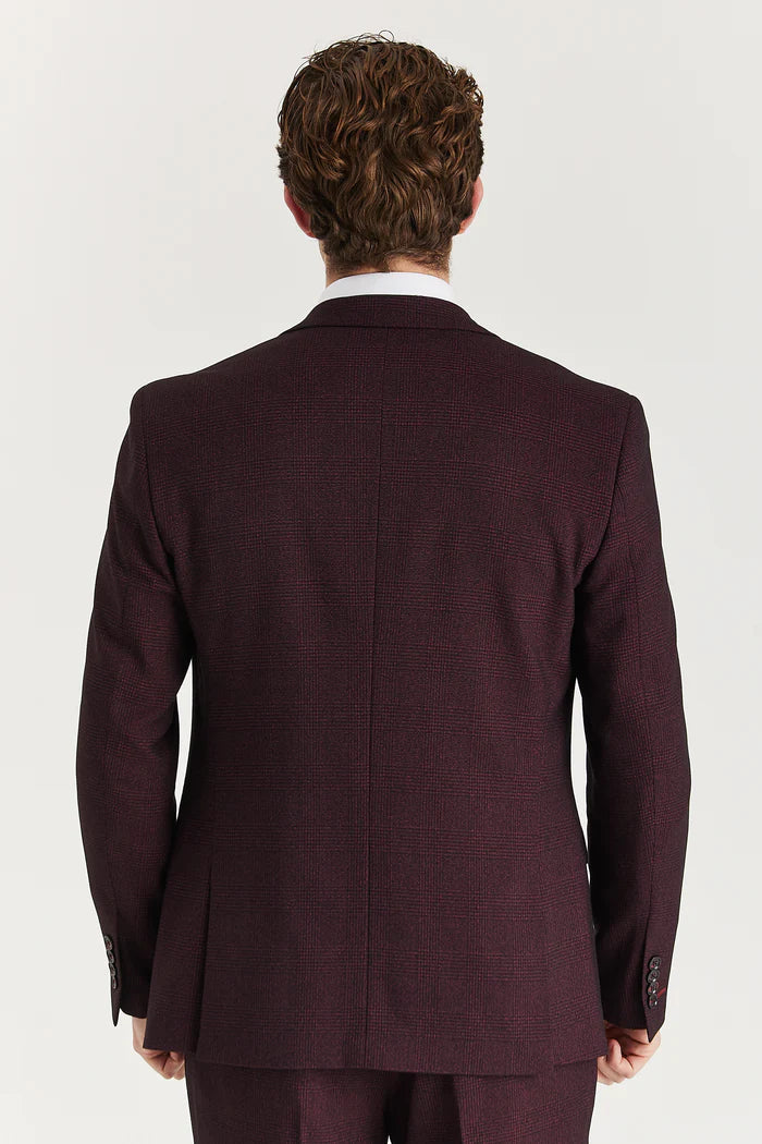 Rear view of the burgundy check blazer showing clean tailoring and back seam details.