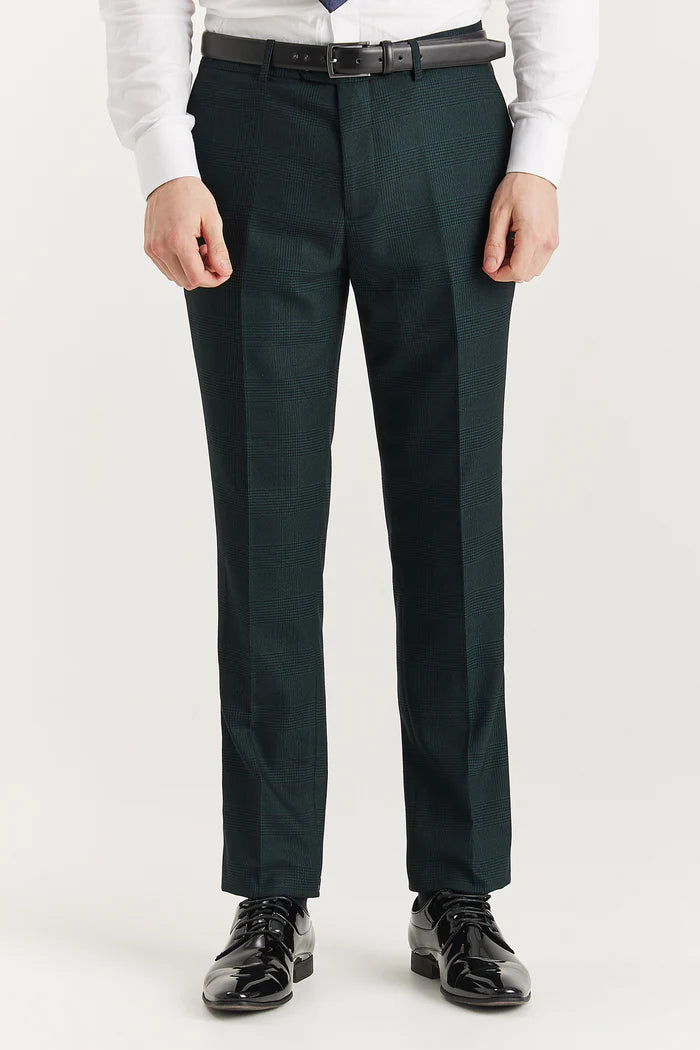 Front view of the green check trousers featuring a slim fit, black belt, and shiny black formal shoes.