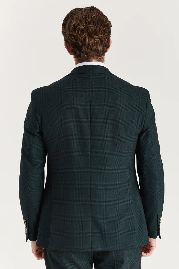 Back view of the green check blazer showing its fitted silhouette and rear seam details.