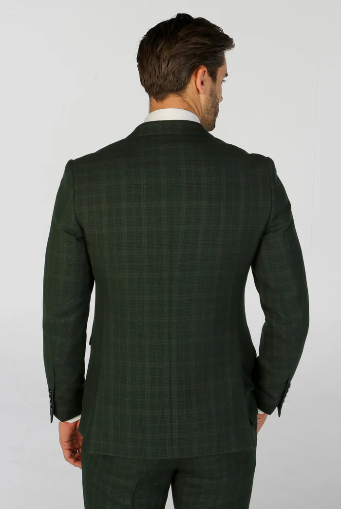 Rear view of green check blazer showing seam lines and tailored structure for a fitted silhouette.