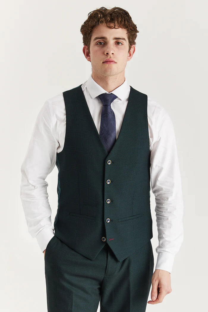Front view of the green check waistcoat worn over a white shirt with navy tie, highlighting the button detail and tailored fit.