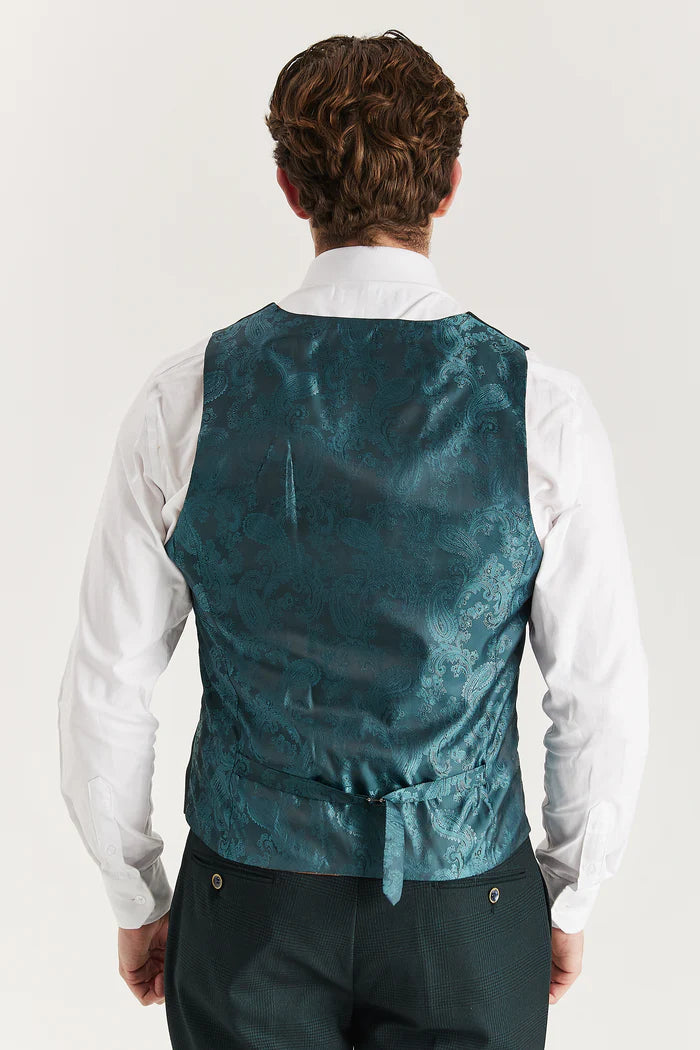 Rear view of the green waistcoat showing paisley satin fabric and adjustable strap for a custom fit.