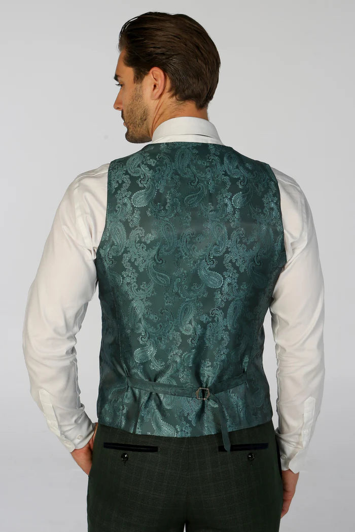 Back of the green waistcoat featuring elegant paisley satin in matching green tones with adjustable strap.