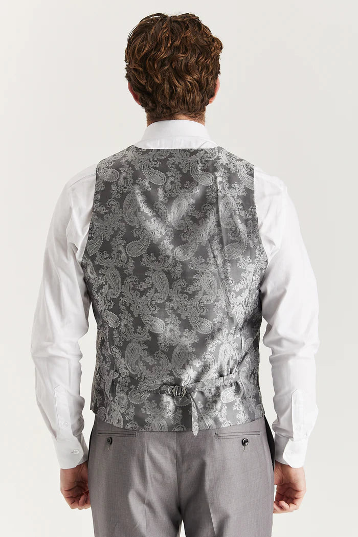 Rear view of the waistcoat showing silver paisley satin back with adjustable buckle strap.