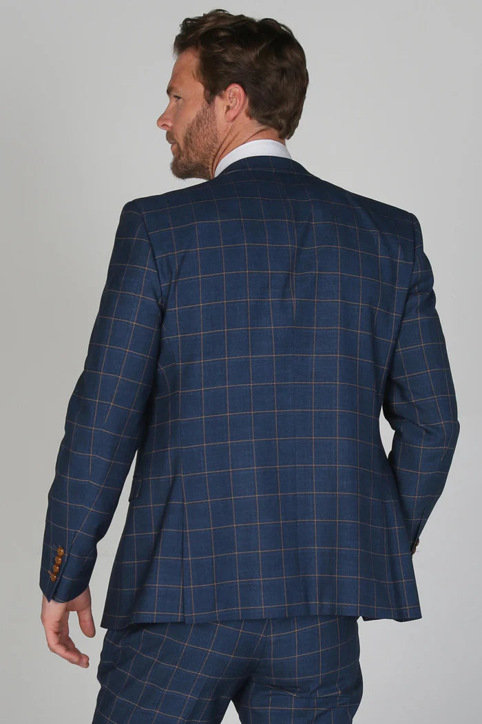 Rear view of the Hamleys Men's Navy Check Three-Piece Suit, highlighting the clean lines and checkered pattern of the tailored jacket.