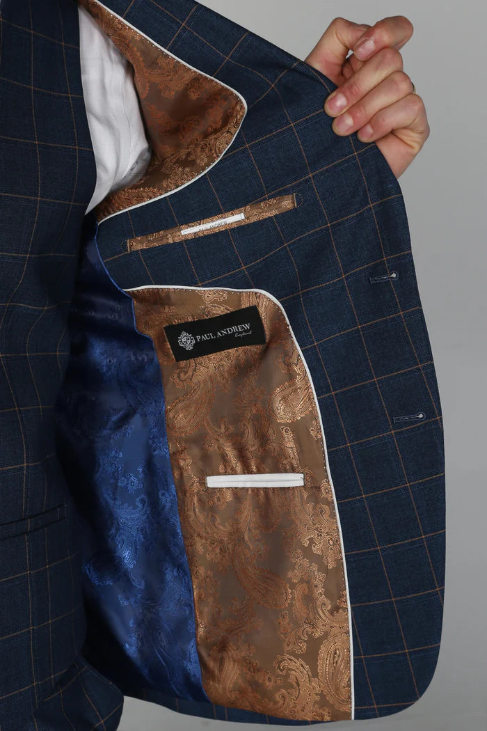 Interior view of the Hamleys Men's Navy Check Suit jacket featuring luxurious brown paisley lining and premium craftsmanship.