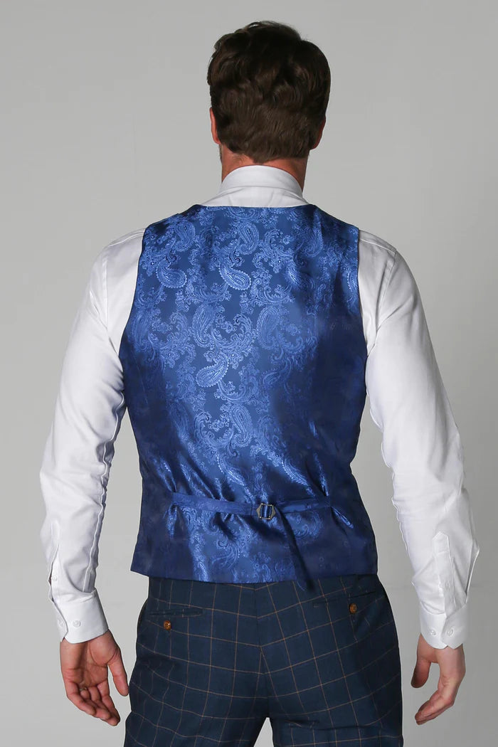 Rear view of the Hamleys Men's Navy Check Suit waistcoat with a rich blue paisley back design and adjustable strap for a perfect fit.