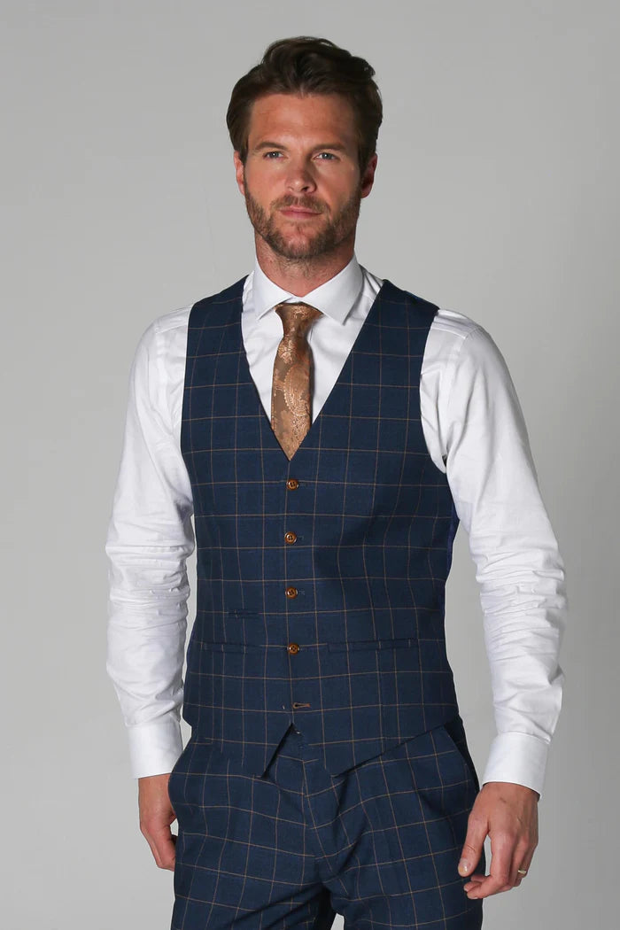 Front view of the Hamleys Men's Navy Check Suit waistcoat styled with a crisp white shirt and gold tie.