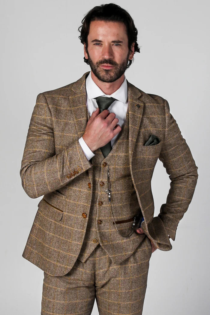 Close-up front view of the Harris Brown Tweed Check Three-Piece Suit featuring a tailored fit with a brown check jacket, waistcoat, and green tie.
