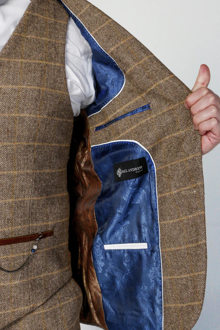 Interior view of the Harris Brown Tweed Check Suit jacket showcasing its blue paisley lining and premium craftsmanship.