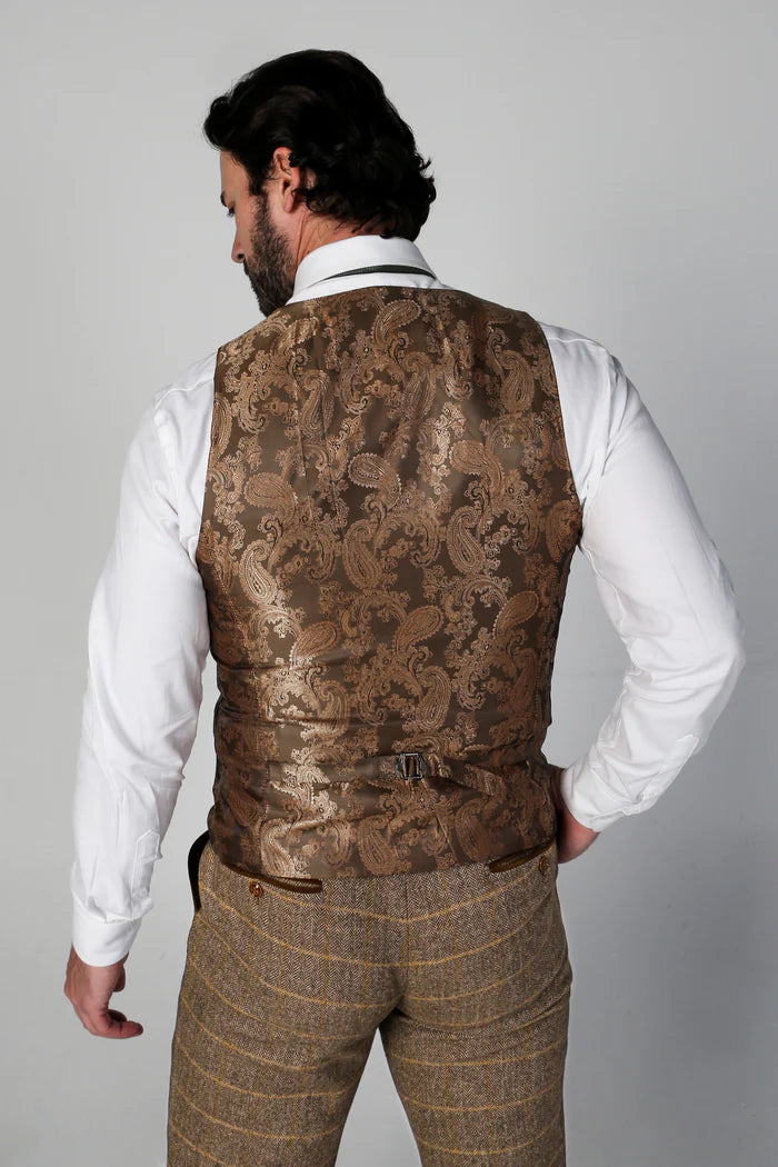 Rear view of the Harris Brown Tweed Check Suit waistcoat with a rich bronze paisley back design and adjustable strap for a perfect fit.