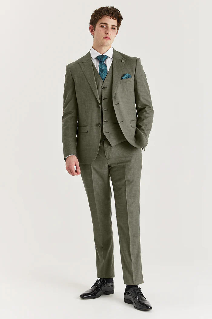 Full-length front shot of the Paul Andrew Kurt Sage three piece suit styled with black shoes.