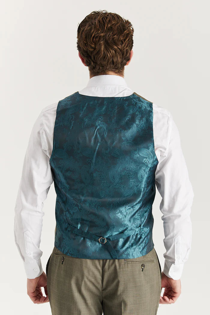 Back view of the sage green waistcoat with teal paisley satin lining and adjustable strap.