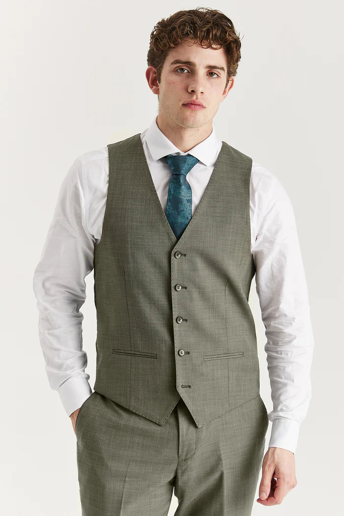 Model showcasing the front of the Kurt Sage waistcoat without blazer.