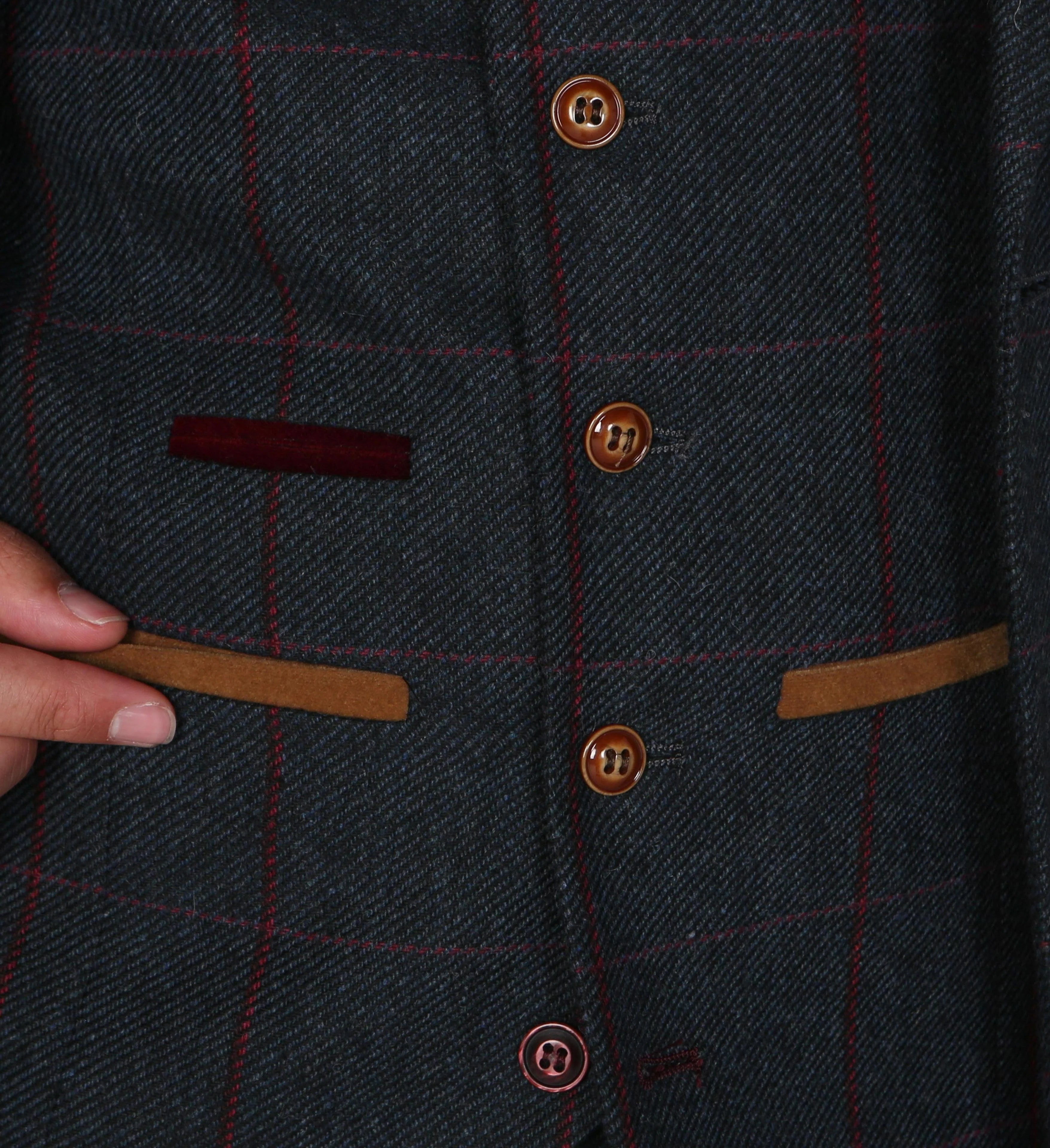 Pocket and Button cuff detail of the Madrid Men's Navy Tweed Checkered Three Piece Waistcoat showcasing craftsmanship and attention to detail.