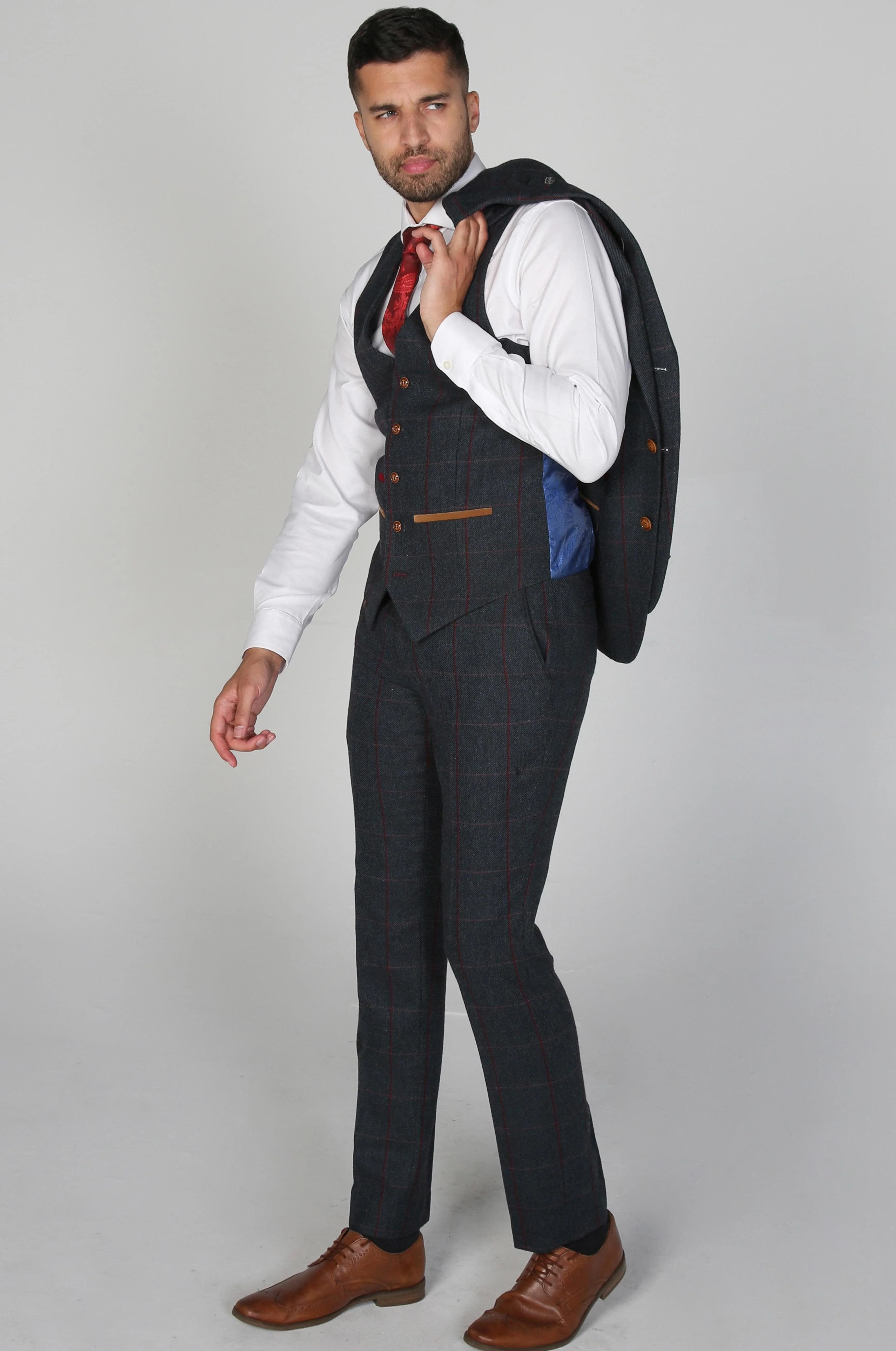 Madrid Men's Navy Tweed Checkered Three Piece Suit without jacket, revealing the waistcoat and stylish white dress shirt.