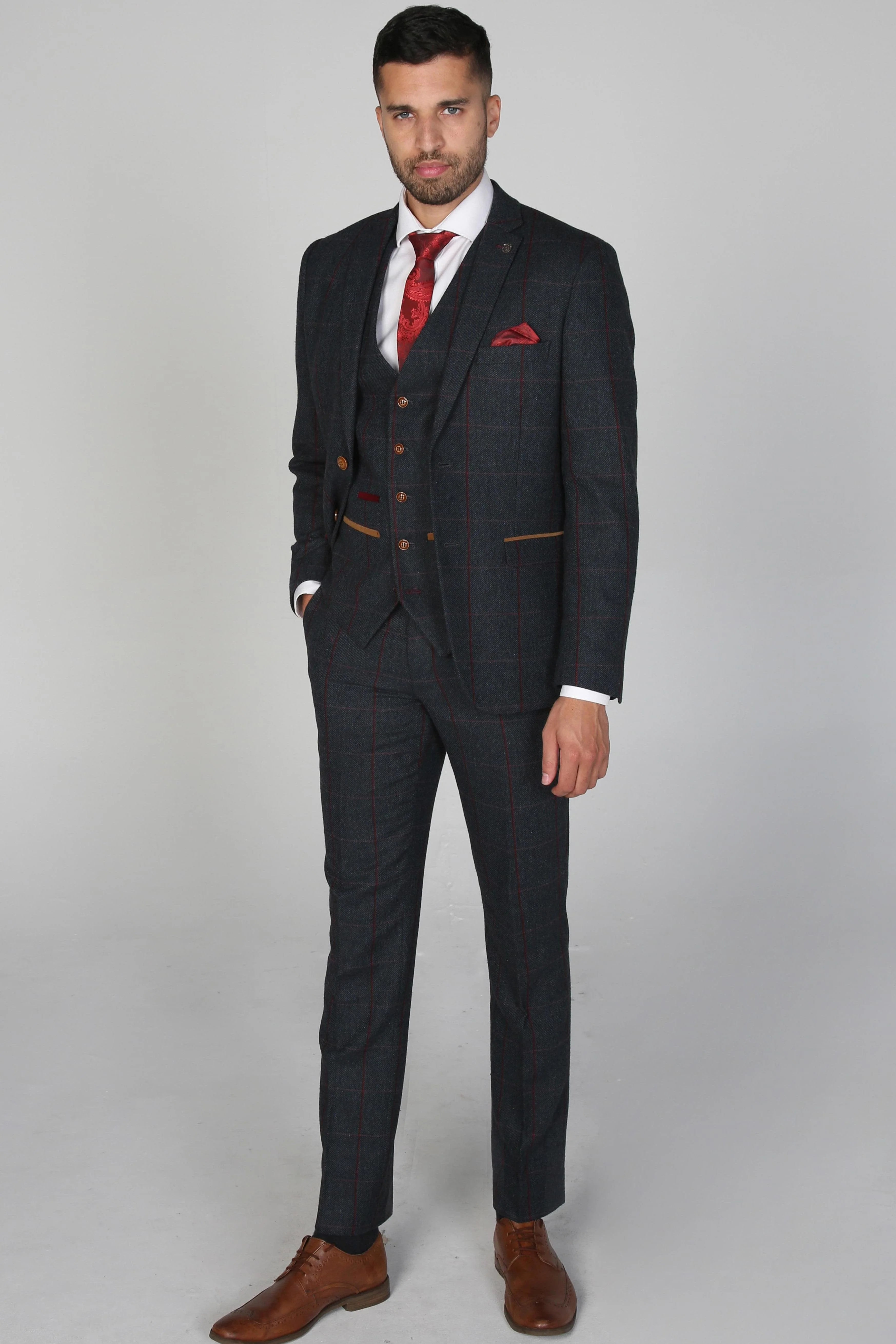 Side profile of the Madrid Men's Navy Tweed Checkered Three Piece Suit showcasing the tailored fit.