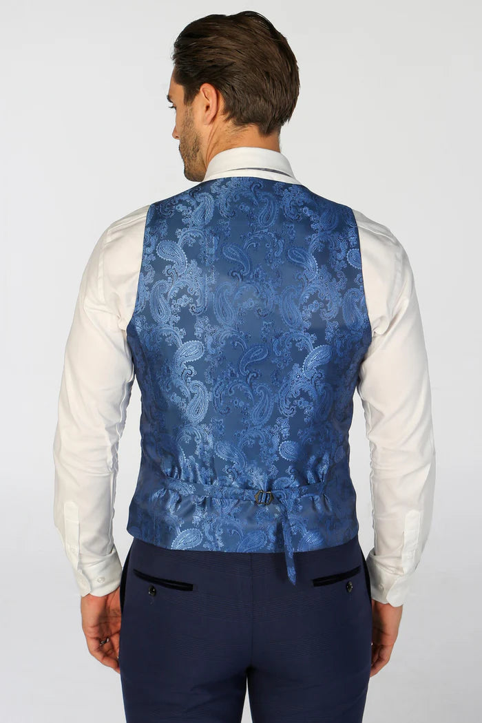 Back view of Mark blue waistcoat featuring vibrant blue paisley satin back panel with adjustable strap.