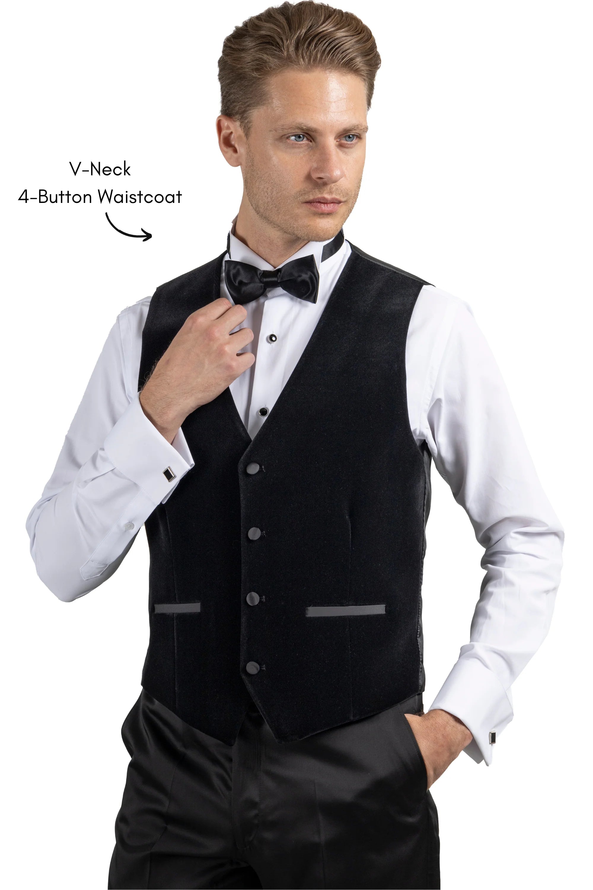 Black velvet waistcoat with V-neck and four-button fastening, front view