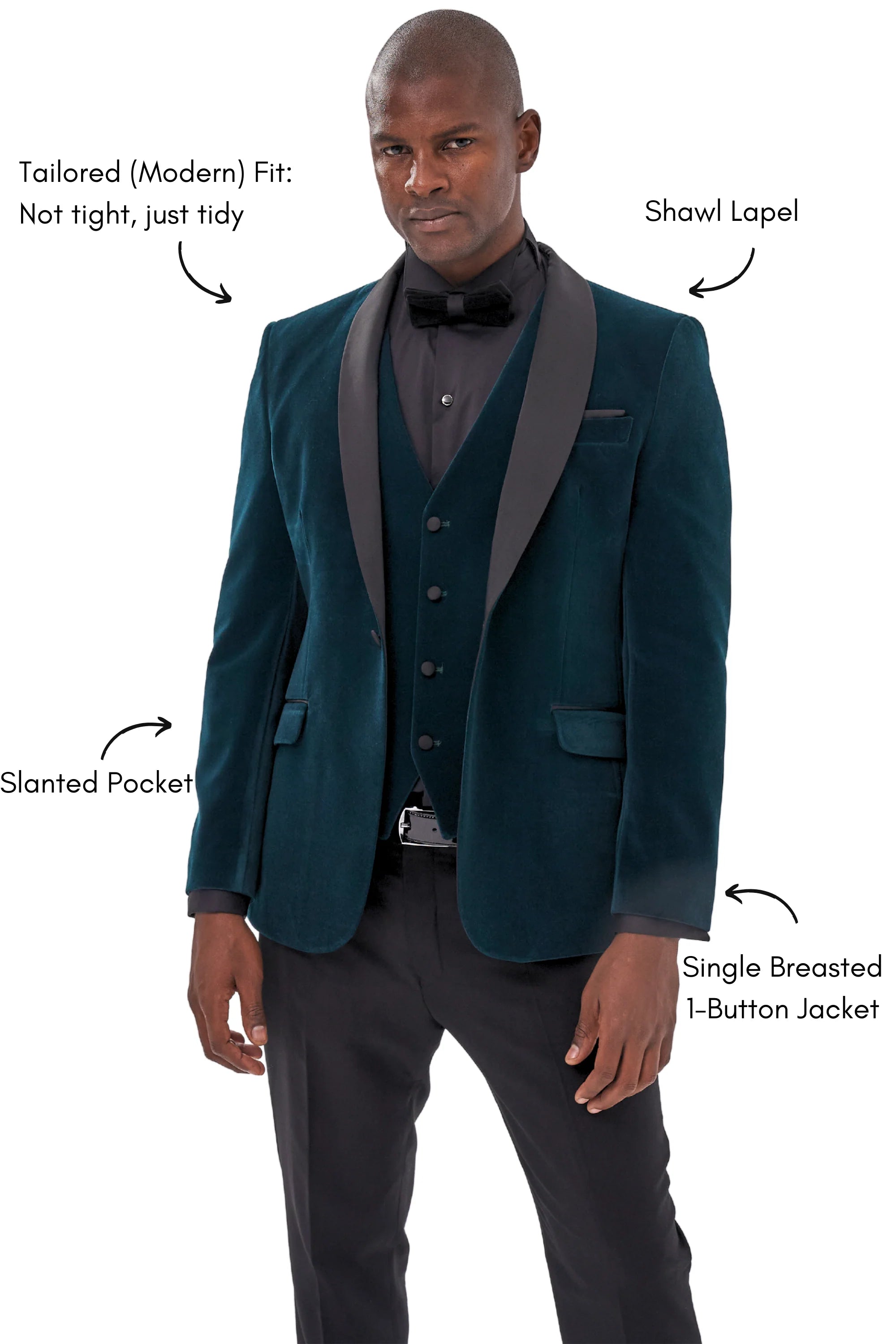 Emerald green velvet dinner jacket with black satin shawl lapels and matching waistcoat, full-length front view
