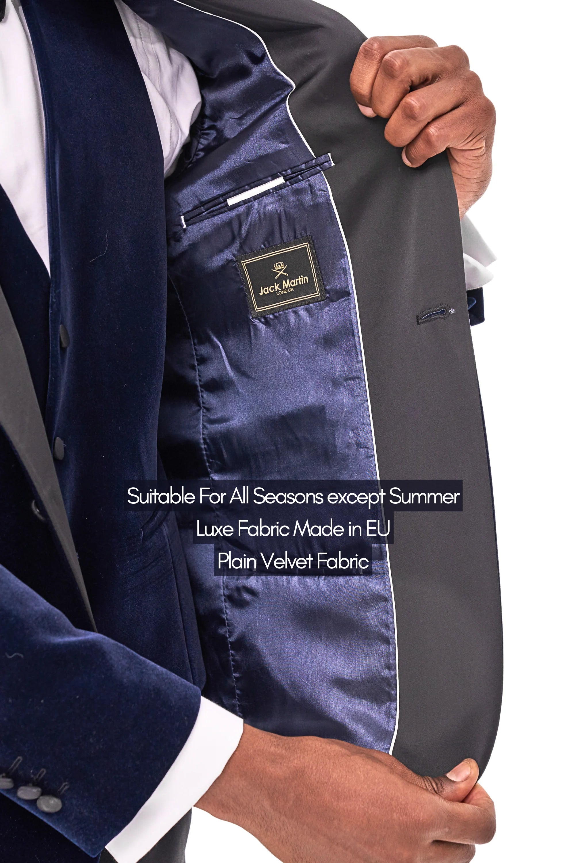 Interior lining of midnight blue velvet dinner jacket showing Jack Martin label