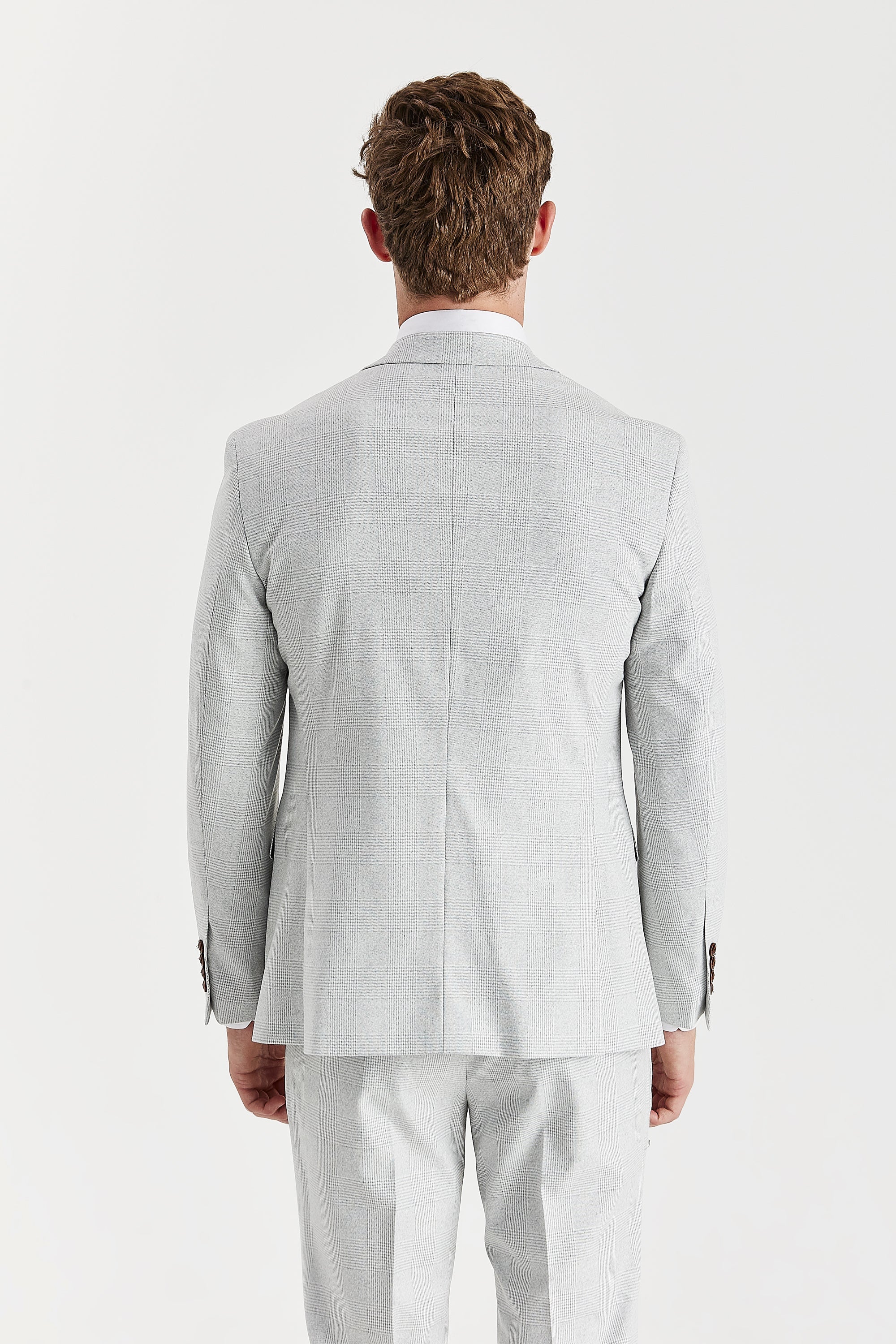 Rear view of the Mark Men's Stone Check Blazer , displaying the tailored fit of the stone-toned glen check pattern across the back and shoulders