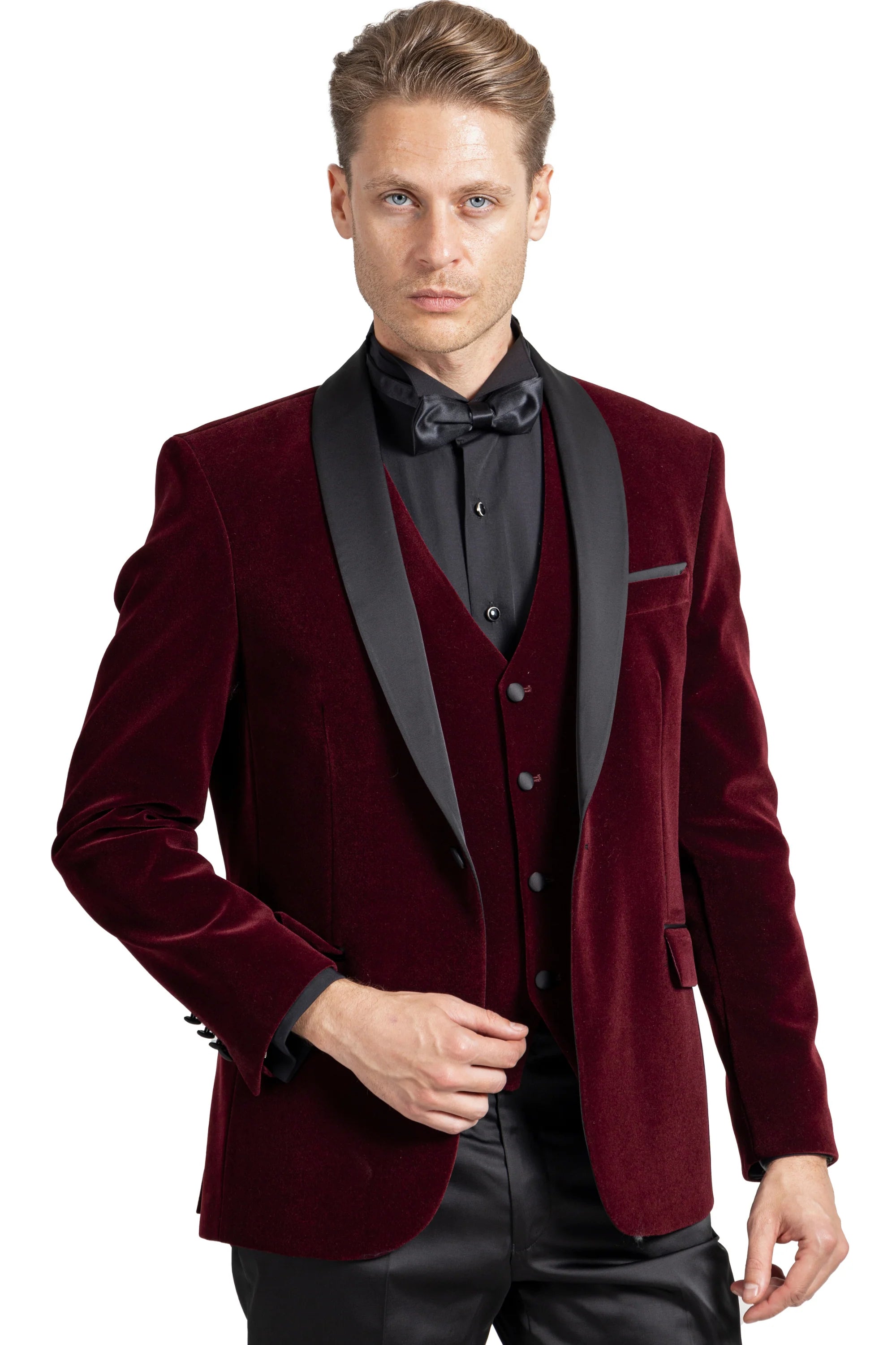 Wine burgundy velvet dinner jacket with black satin shawl lapels and matching waistcoat, front view