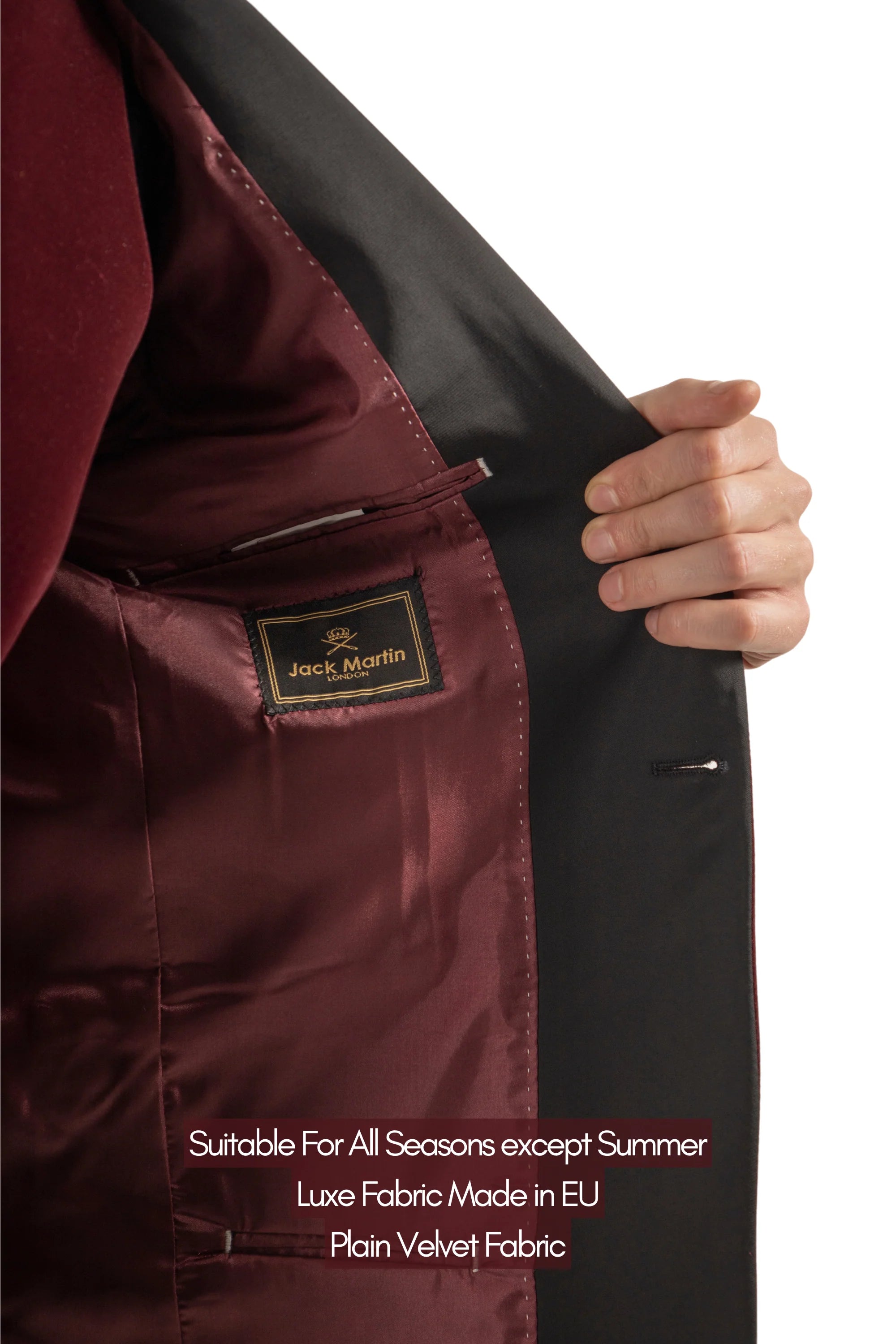 Interior lining of wine burgundy velvet dinner jacket showing Jack Martin label
